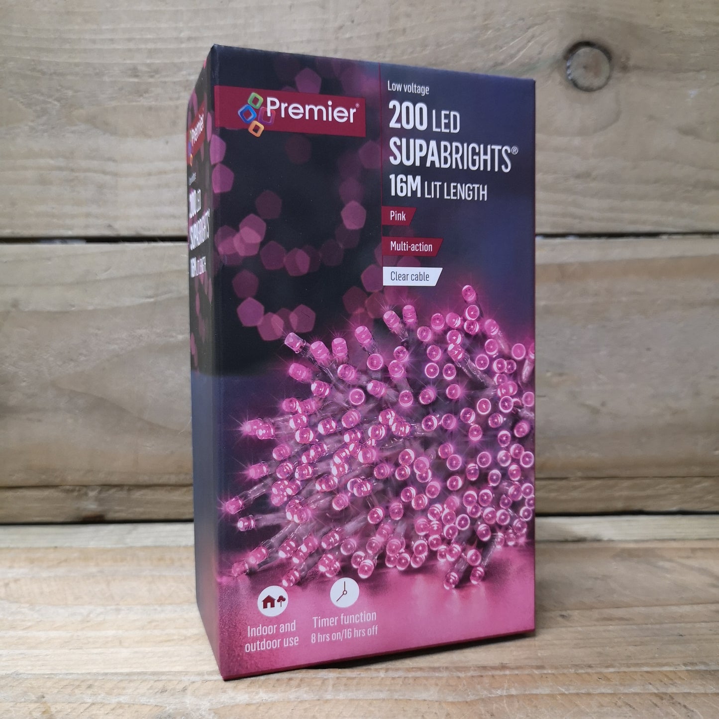 200 LED 16m Premier Christmas Outdoor 8 Function Timer Lights Clear Wire in Pink