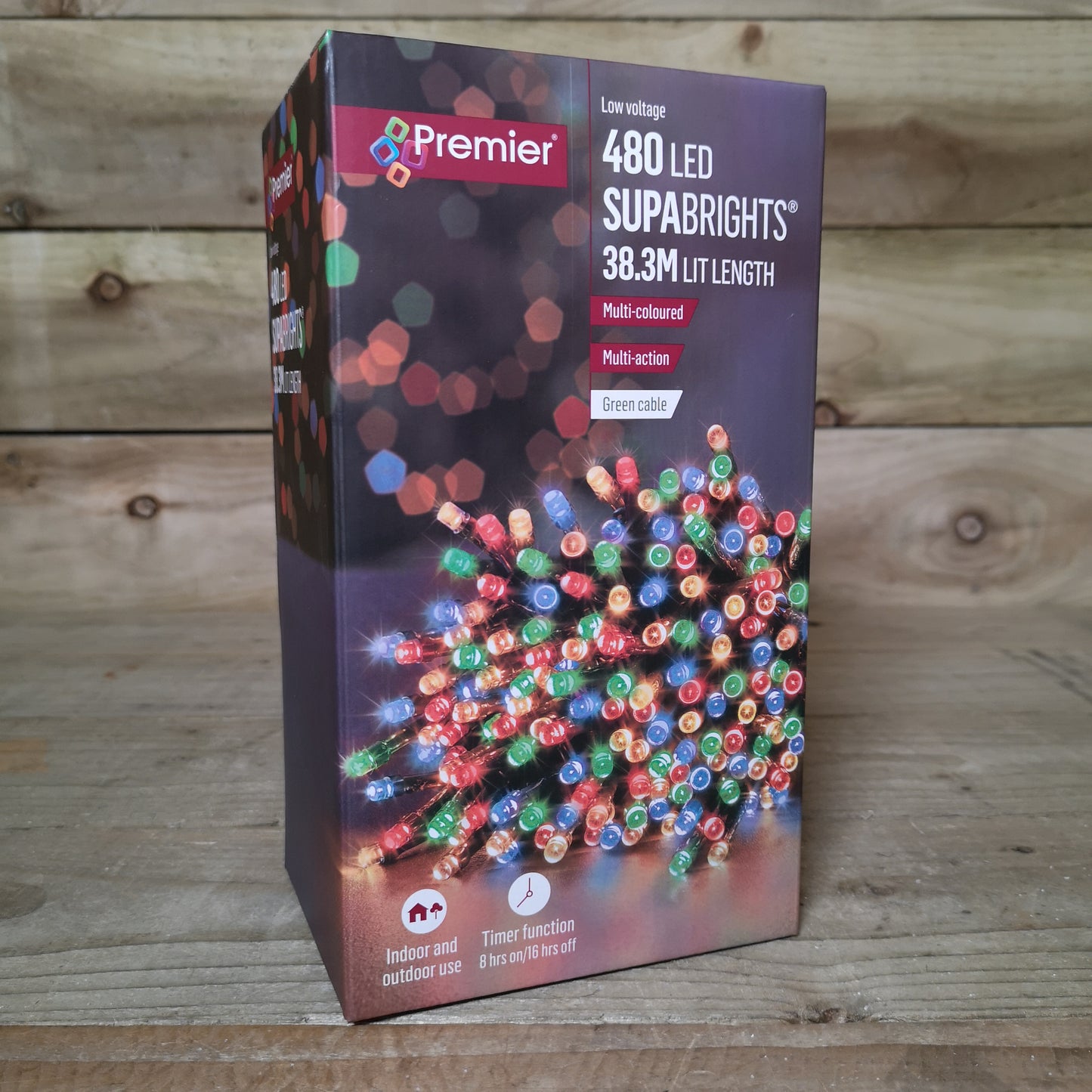 480 LED 38.3m Premier SupaBrights Indoor Outdoor Christmas Multi Function Mains Operated String Lights with Timer in Multicoloured