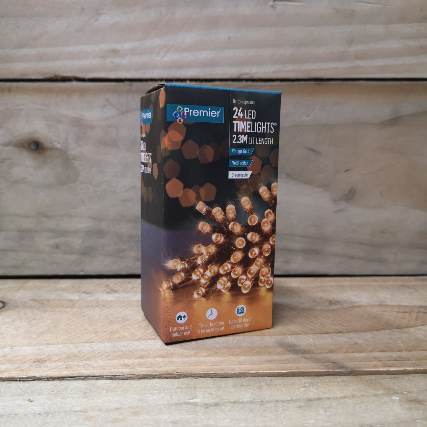 24 LED 2.3m Premier Christmas Indoor Outdoor Multi Function Battery Operated String Lights with Timer in Vintage Gold