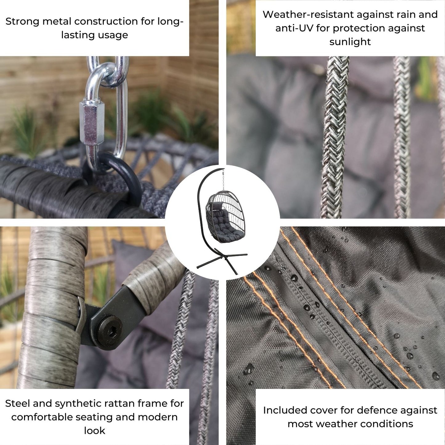 Grey Hanging Egg Chair With Stand & Waterproof Cover