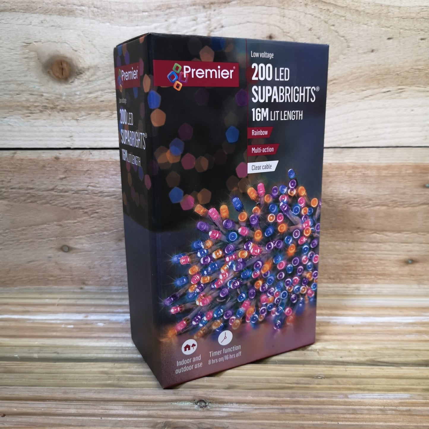 200 LED 16m Premier Christmas Outdoor Multi Function Timer Lights with Clear Cable in Rainbow