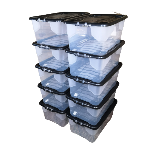 10 x 42L Clear Storage Box with Black Lid, Stackable and Nestable Design Storage Solution