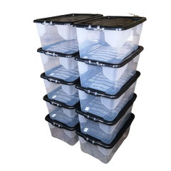 10 x 42L Clear Storage Box with Black Lid, Stackable and Nestable Design Storage Solution