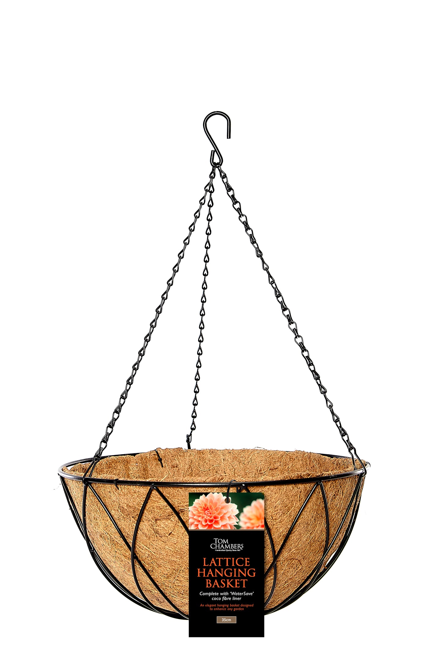 Pack of 2 Tom Chambers Black Lattice Metal Garden Hanging Basket with WaterSave Coco Fibre Liner 35cm - Without Bracket