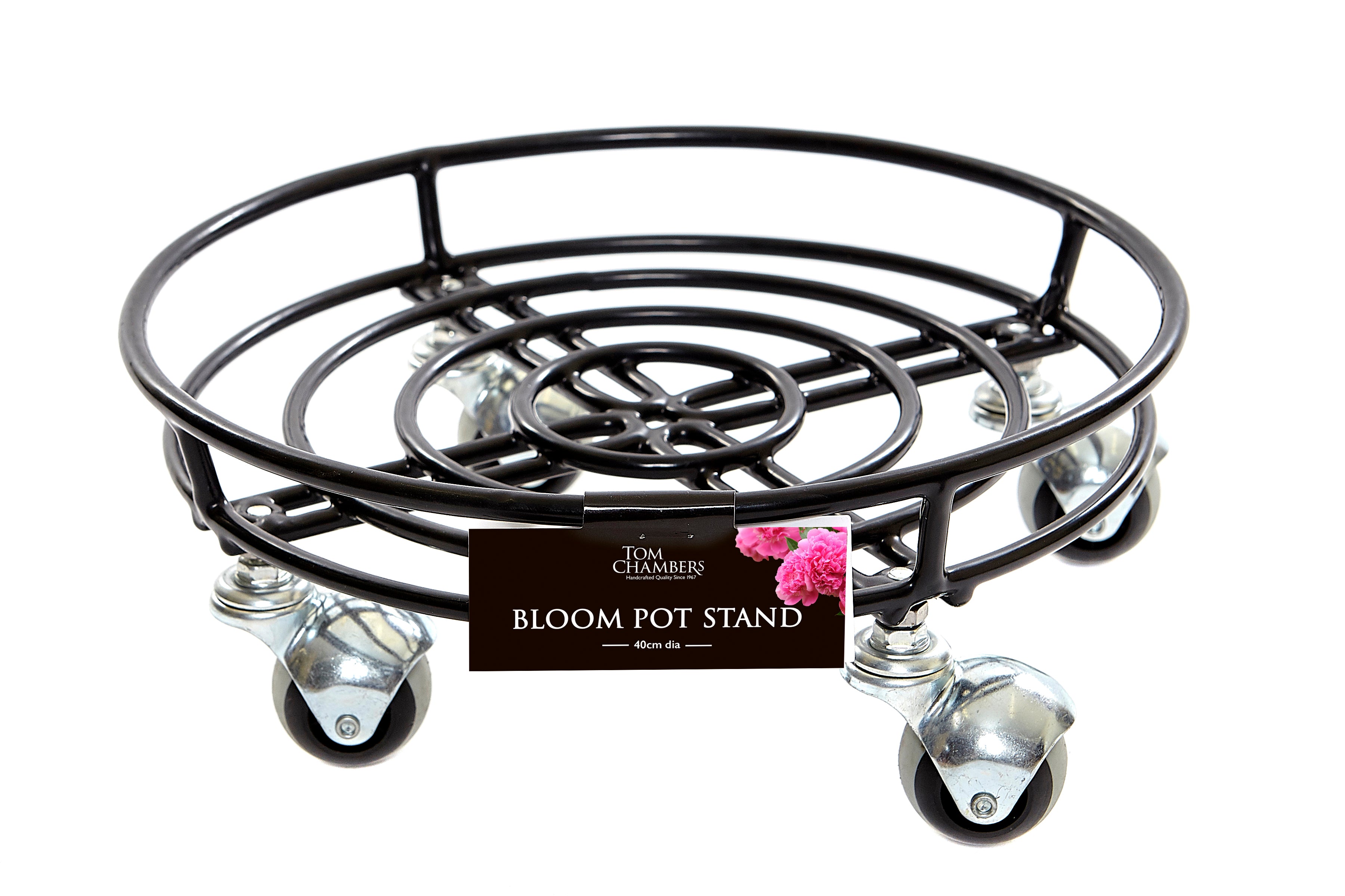 Tom Chambers Handcrafted Heavy Duty Round Black Metal Garden Patio Plant Flower Pot Stand Caddy Trolley Dolly on Strong Metal Castor Wheels 27cm
