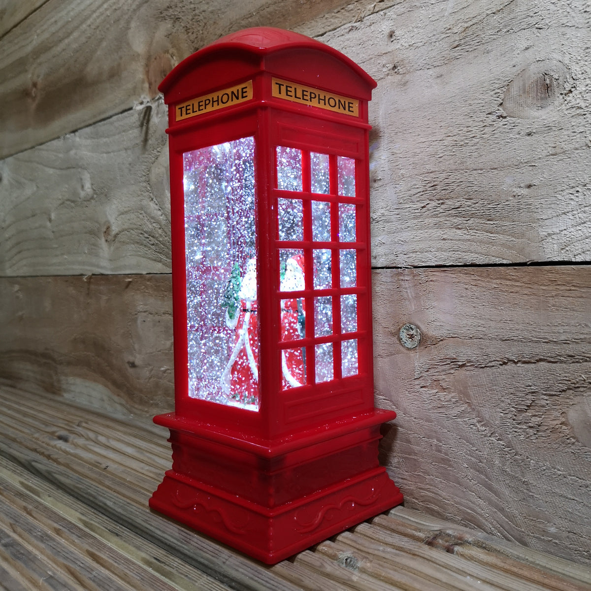 27cm Dual Power Christmas Glitter Water Spinner Red Phone Box Santa Scene