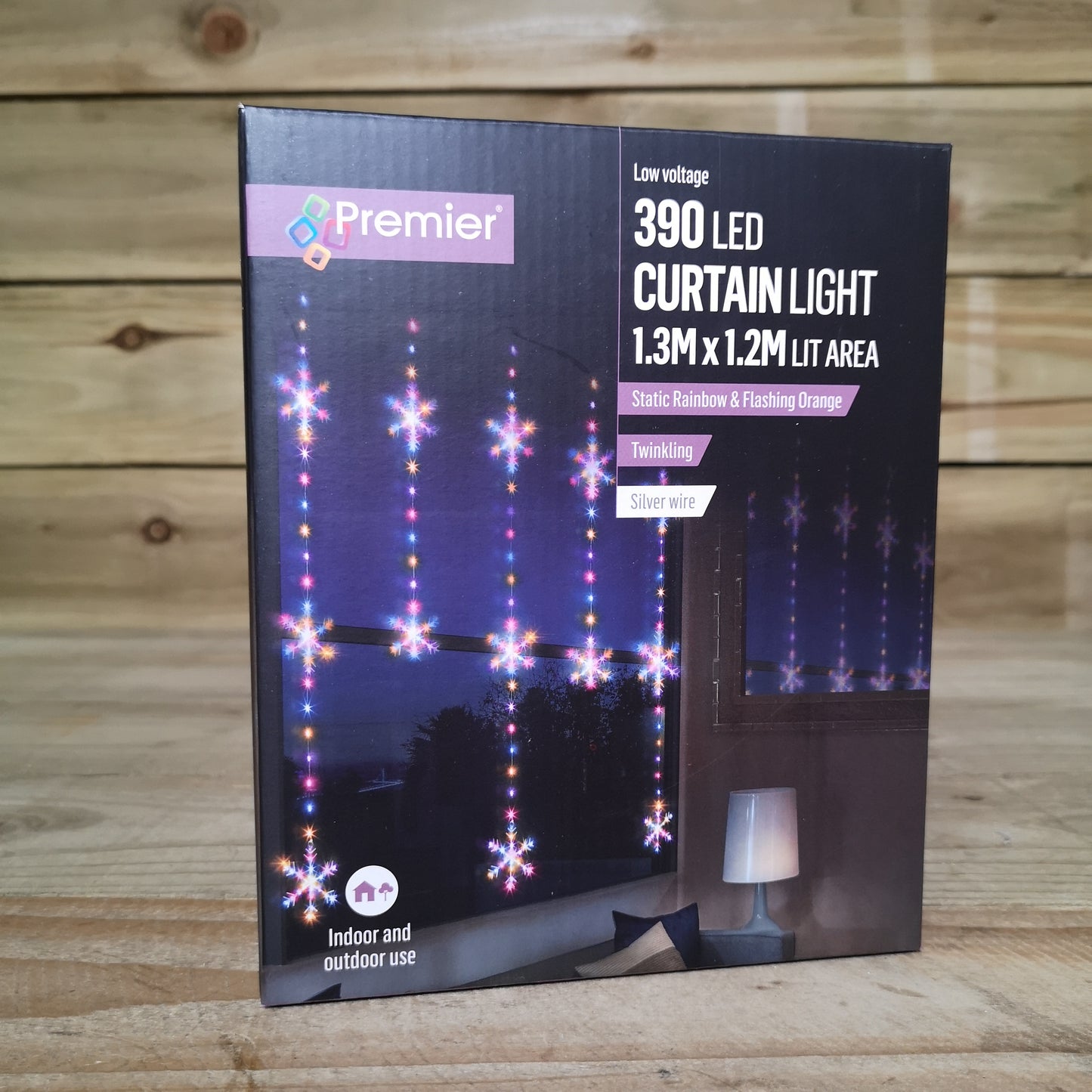 390 LED 1.3m x 1.2m Premier Christmas Snowflake Curtain Lights in Static Rainbow & Twinkling Orange