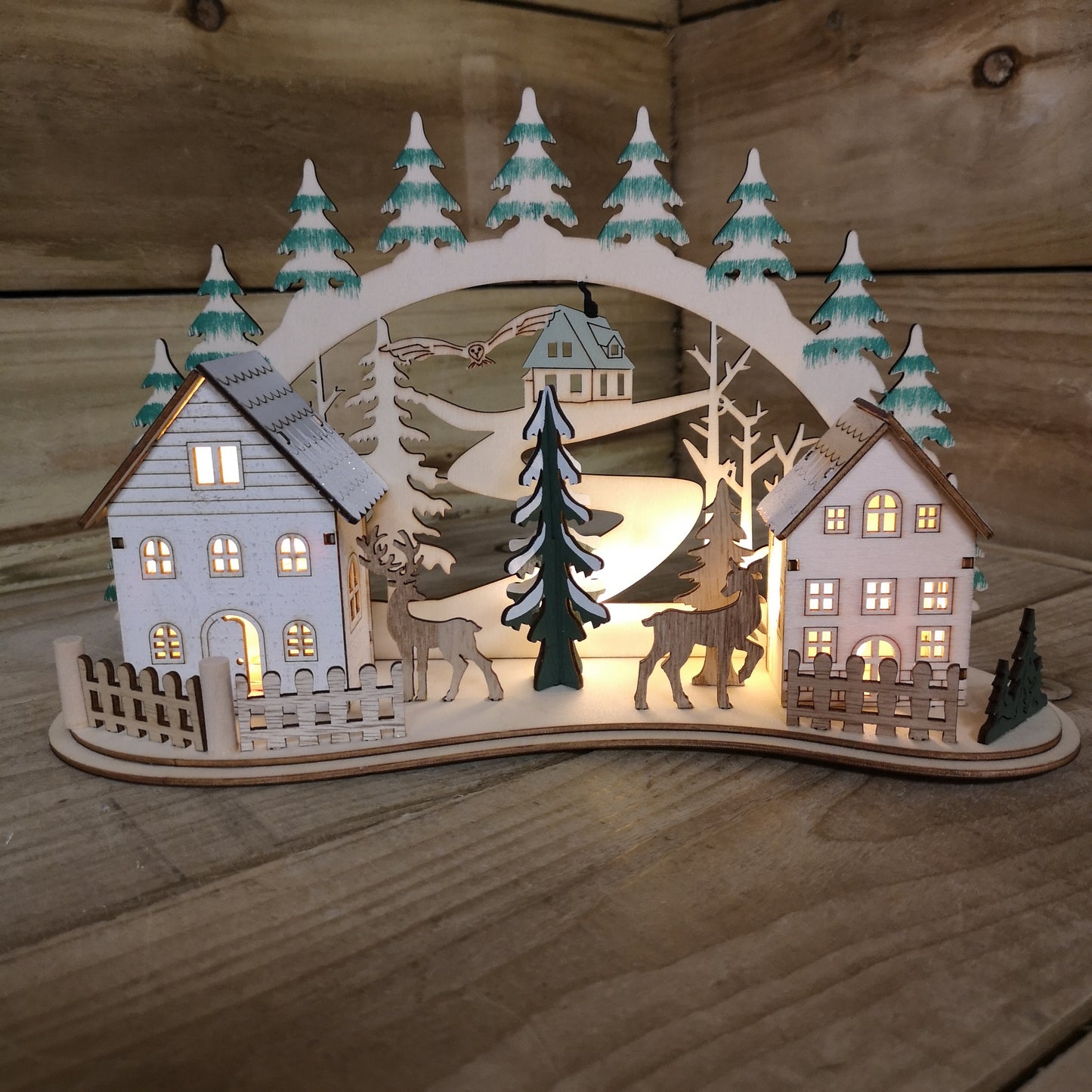 19cm Battery Operated Light up Warm White Christmas Winter Wooden Village Scene with Reindeer