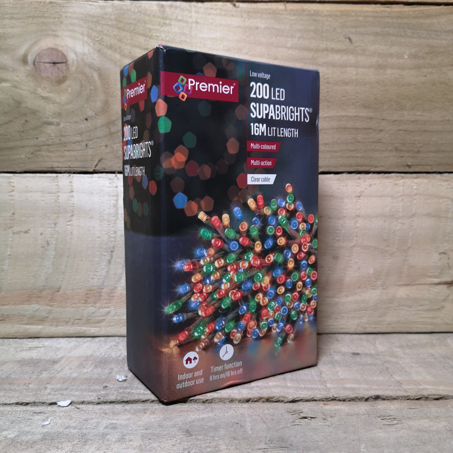 200 LED 16m Premier Christmas Outdoor 8 Function Lights Clear Wire in Multicoloured