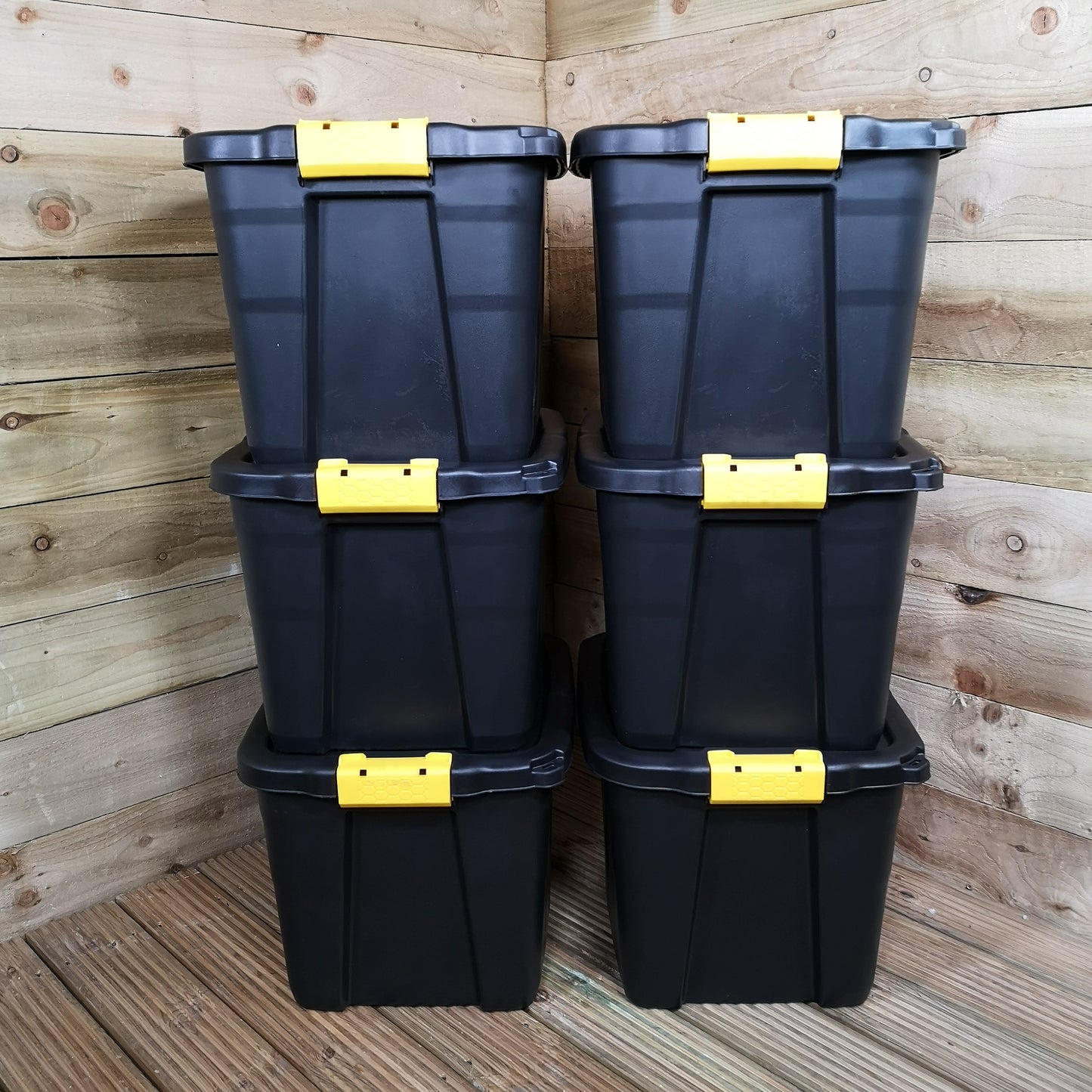 6 x 42L Heavy Duty Storage Tubs Sturdy, Lockable, Stackable and Nestable Design Storage Chests with Clips in Black