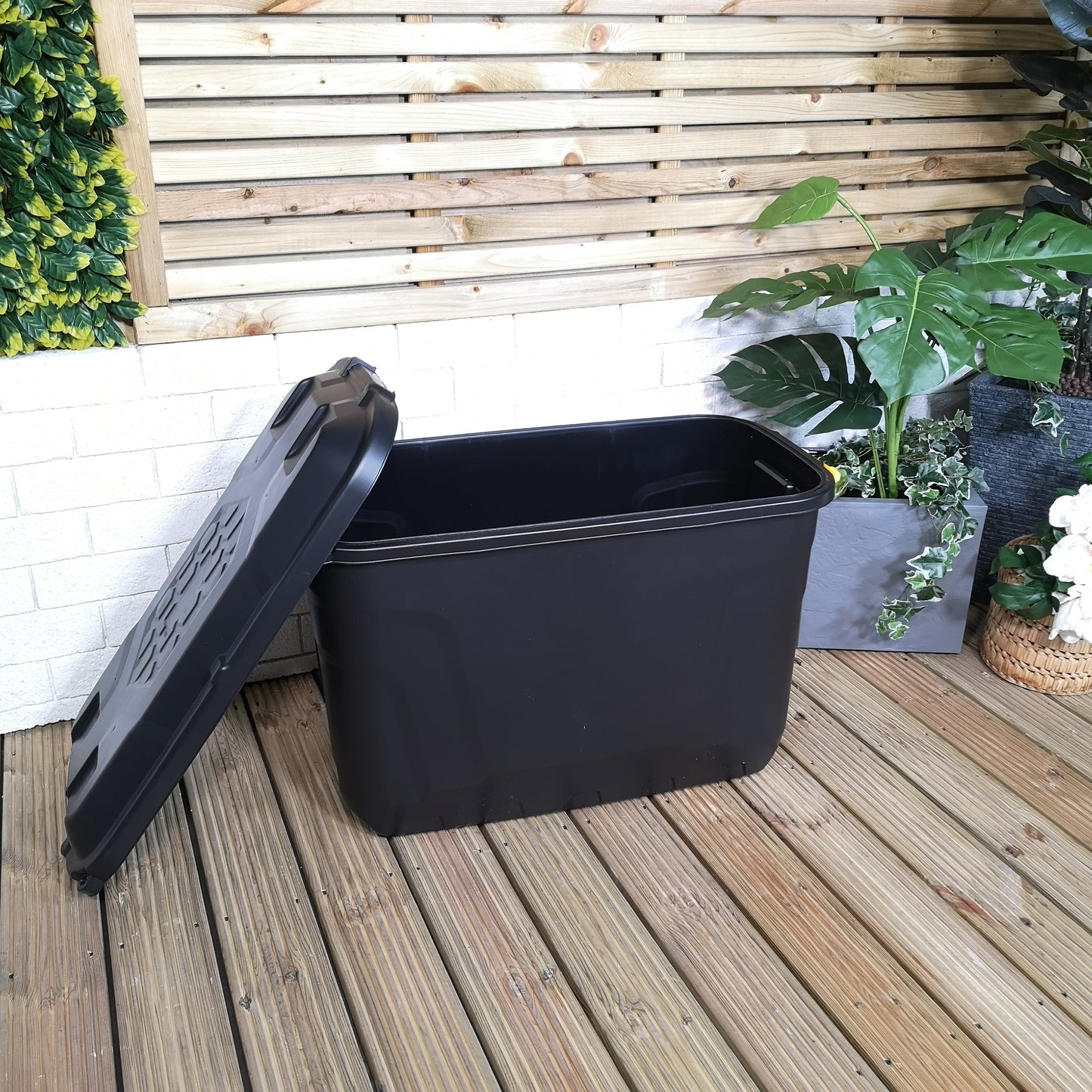 110L Heavy Duty Trunk on Wheels Sturdy, Lockable, Stackable and Nestable Design Storage Chest with Clips in Black