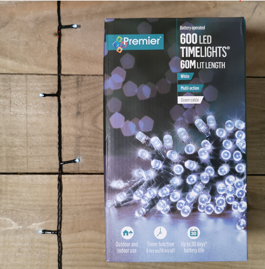 600 LED 60m Premier Christmas Indoor Outdoor Multi Function Battery Operated String Lights with Timer in Cool White