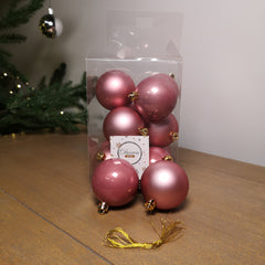 12pcs 6cm Assorted Shatterproof Baubles Christmas Decoration in Velvet Pink