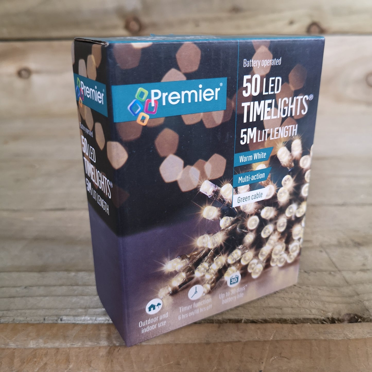 50 LED 5m Premier Christmas Indoor Outdoor Multi Function Battery Operated String Lights with Timer in Warm White