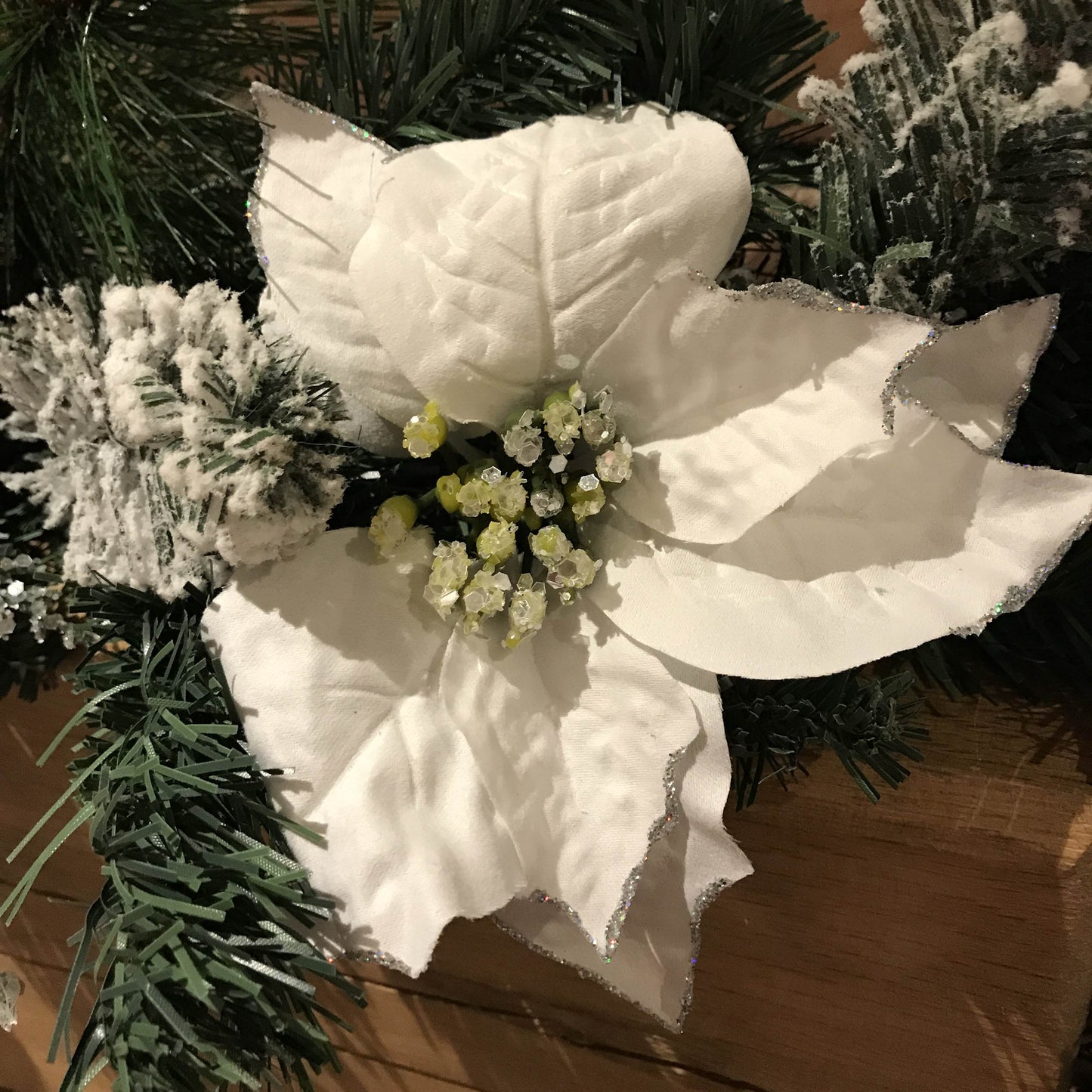 1.8M (6ft) White Poinsettia Christmas Garland Silver Balls Glitter Snow Flocked