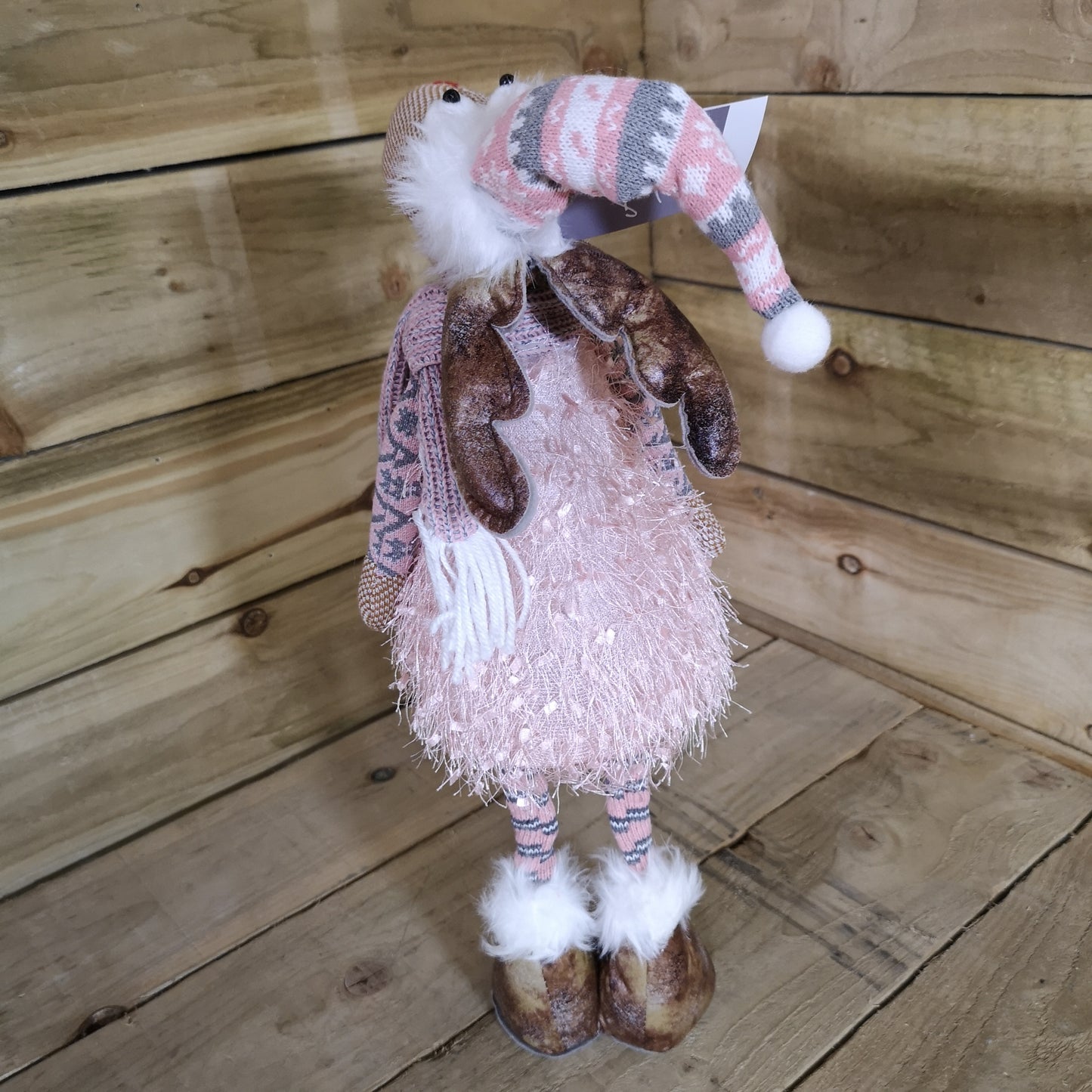 50cm Battery Warm White Light Up Standing Christmas Reindeer with Pink and Grey Hat