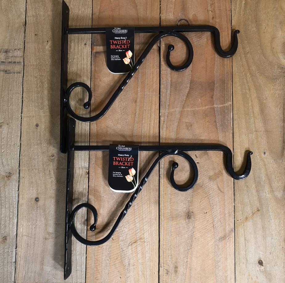 Pack of 2 Tom Chambers Heavy Duty Handcrafted Metal 35cm Black Twisted Wall Bracket Hook For Garden Patio Hanging Basket Planter Bird Feeder