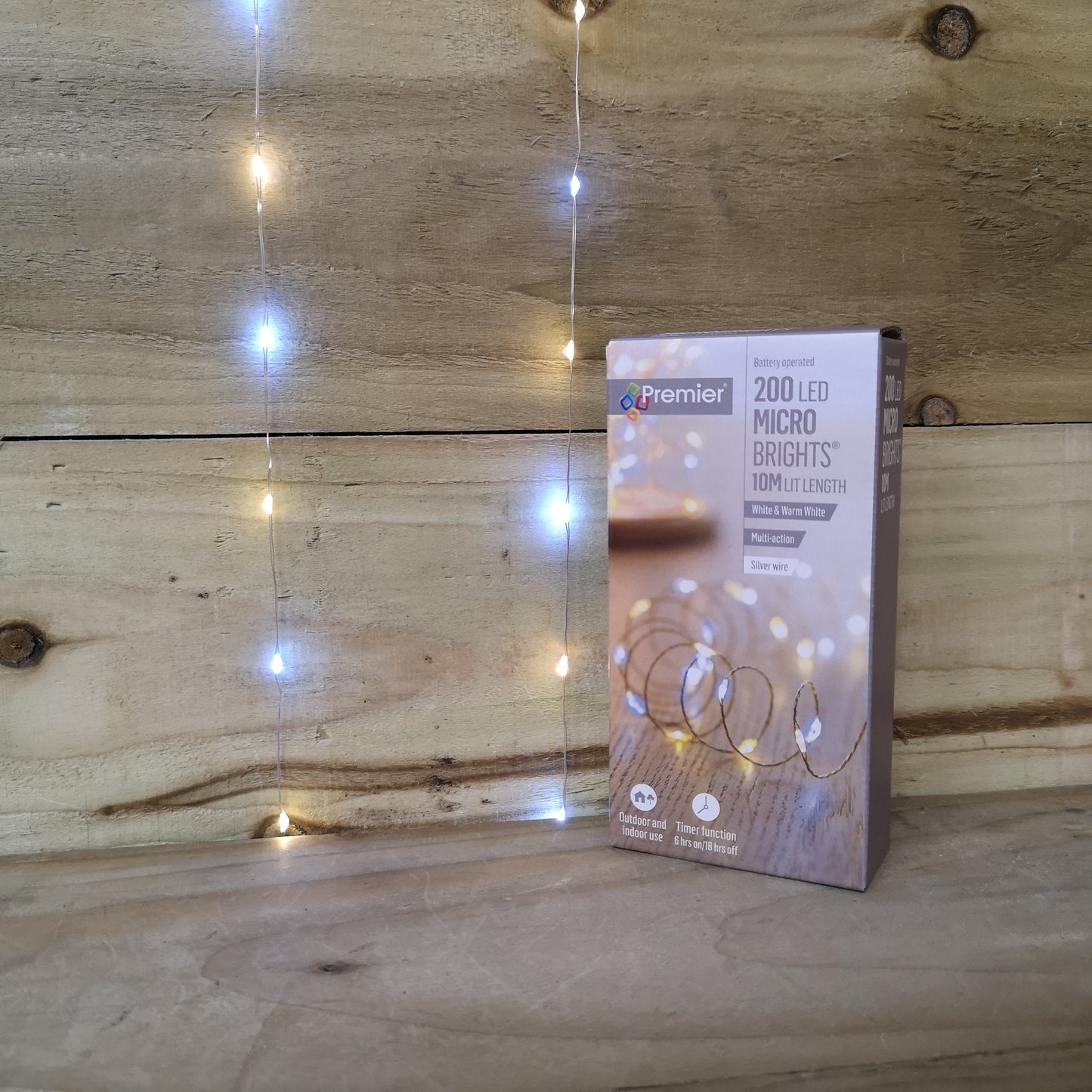 200 LED 10m Premier MicroBrights Indoor Outdoor Christmas Multi Function Battery Operated Lights with Timer on Pin Wire in Warm & Cool White