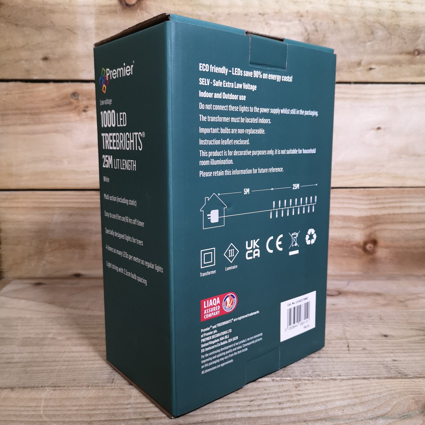 1000 LED 25m Premier TreeBrights Indoor Outdoor Christmas Multi Function Mains Operated String Lights with Timer & Clear Cable in Cool White