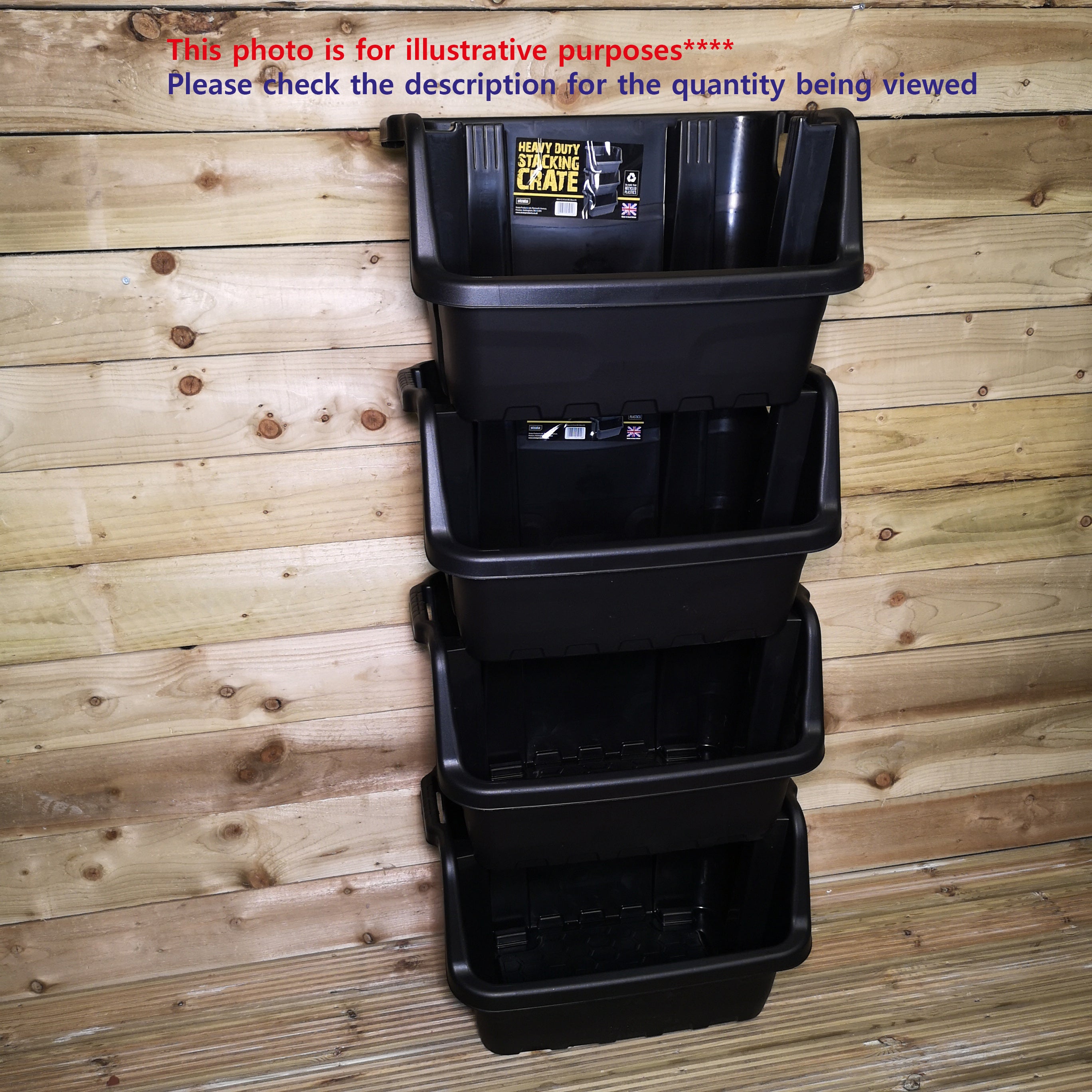 Pack of 4 / 59 x 41 x 36cm Heavy Duty Plastic Stackable Crates / Pick Bins with Handles