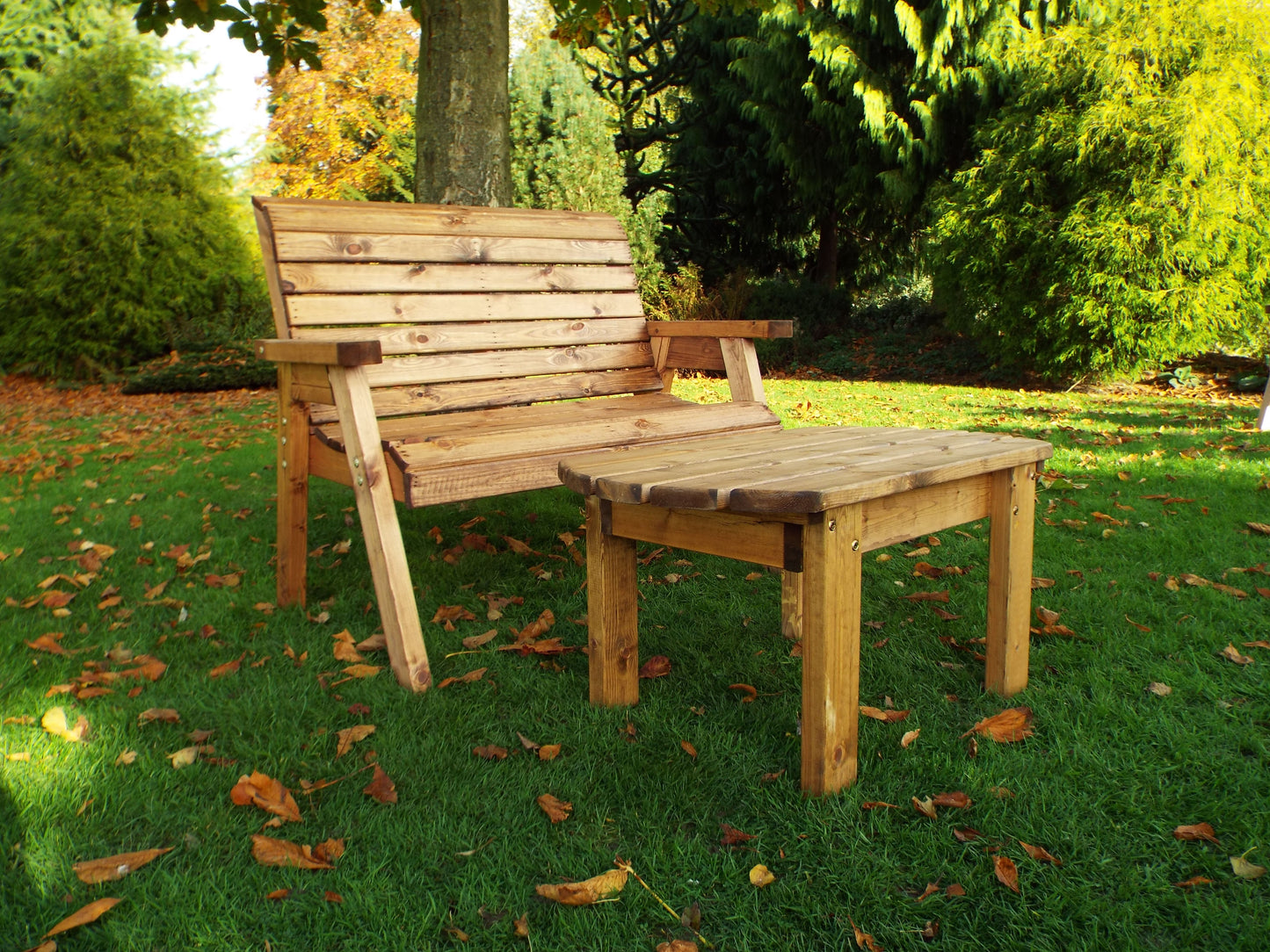 Hand Made 2 Seater Chunky Rustic Wooden Garden Furniture Bench With Coffee Table