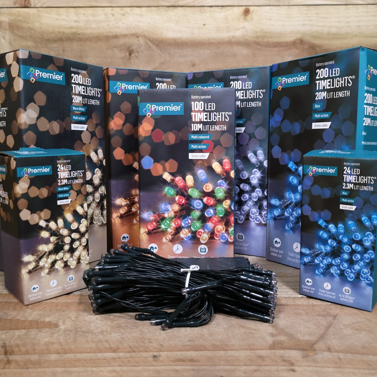 200 LED 20m Premier Christmas Indoor Outdoor Multi Function Battery Operated String Lights with Timer in Cool White