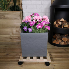 Pack of 2 35cm Square Wooden Garden Plant Pot Flower Trolley Stand On Wheels