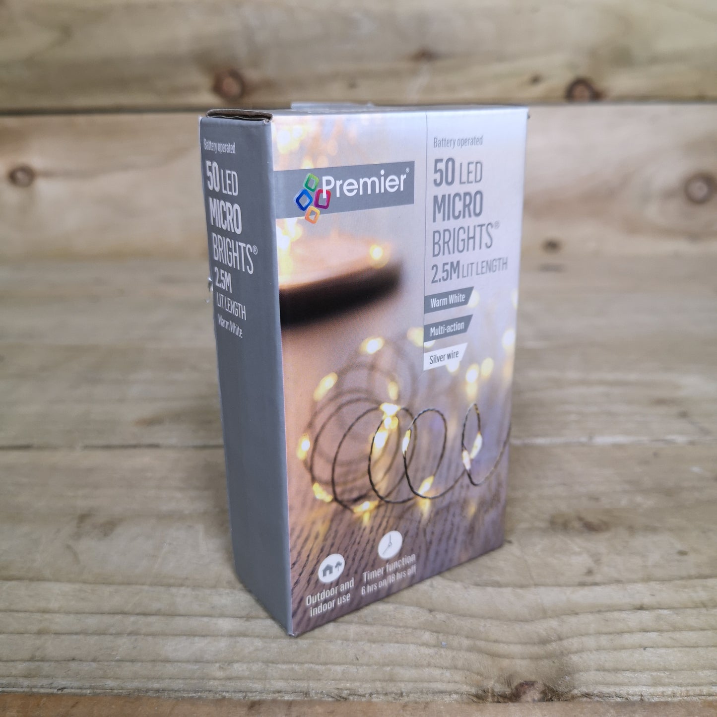 50 LED 2.5m Premier MicroBrights Indoor Outdoor Christmas Multi Function Battery Operated Lights with Timer on Pin Wire in Warm White