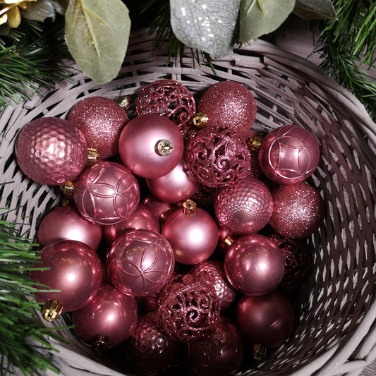 37pcs 6cm Assorted Shatterproof Baubles Christmas Decoration in Velvet Pink 2736