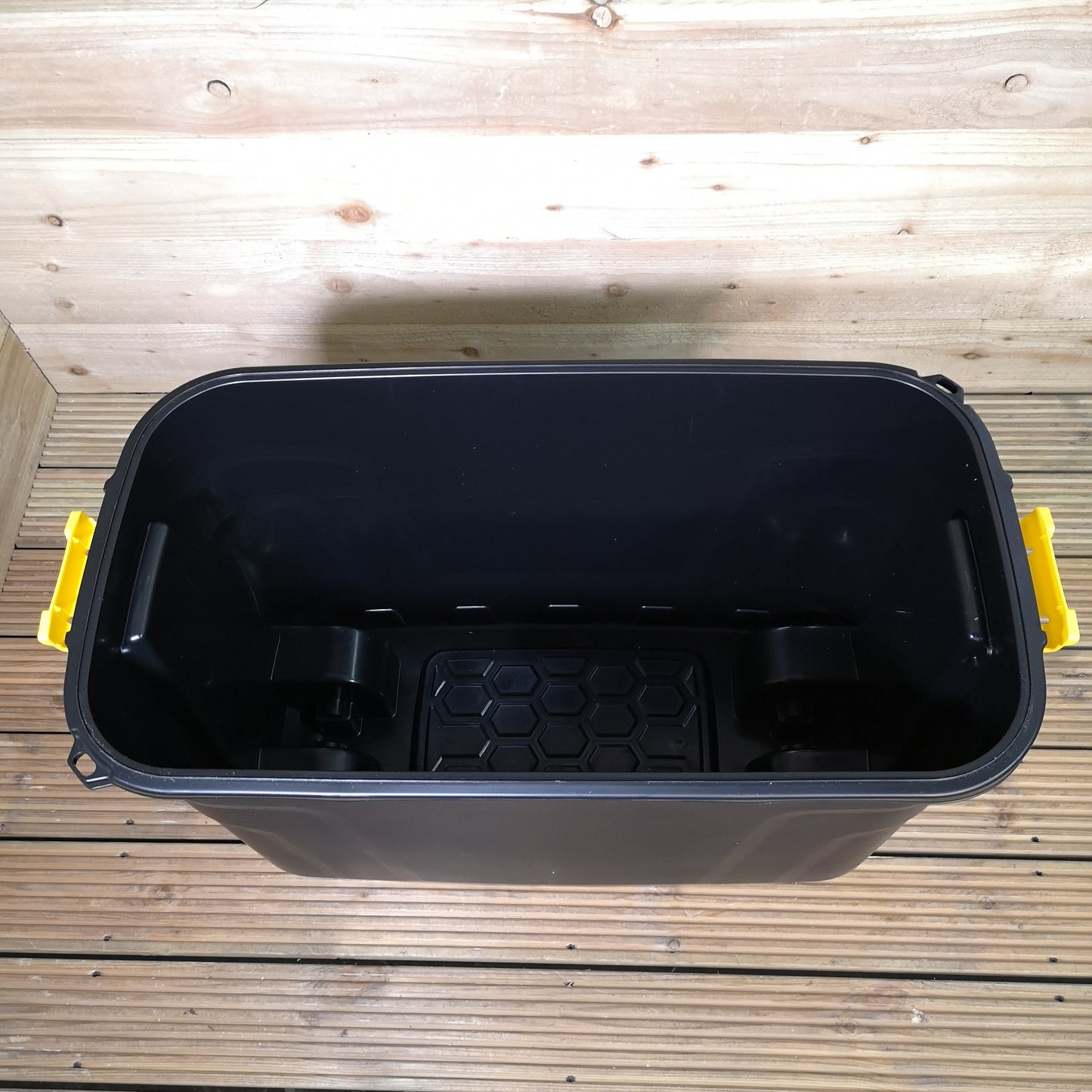 110L Heavy Duty Trunk on Wheels Sturdy, Lockable, Stackable and Nestable Design Storage Chest with Clips in Black