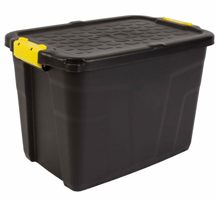 4 x 60L Heavy Duty Storage Tubs Sturdy, Lockable, Stackable and Nestable Design Storage Chests with Clips in Black