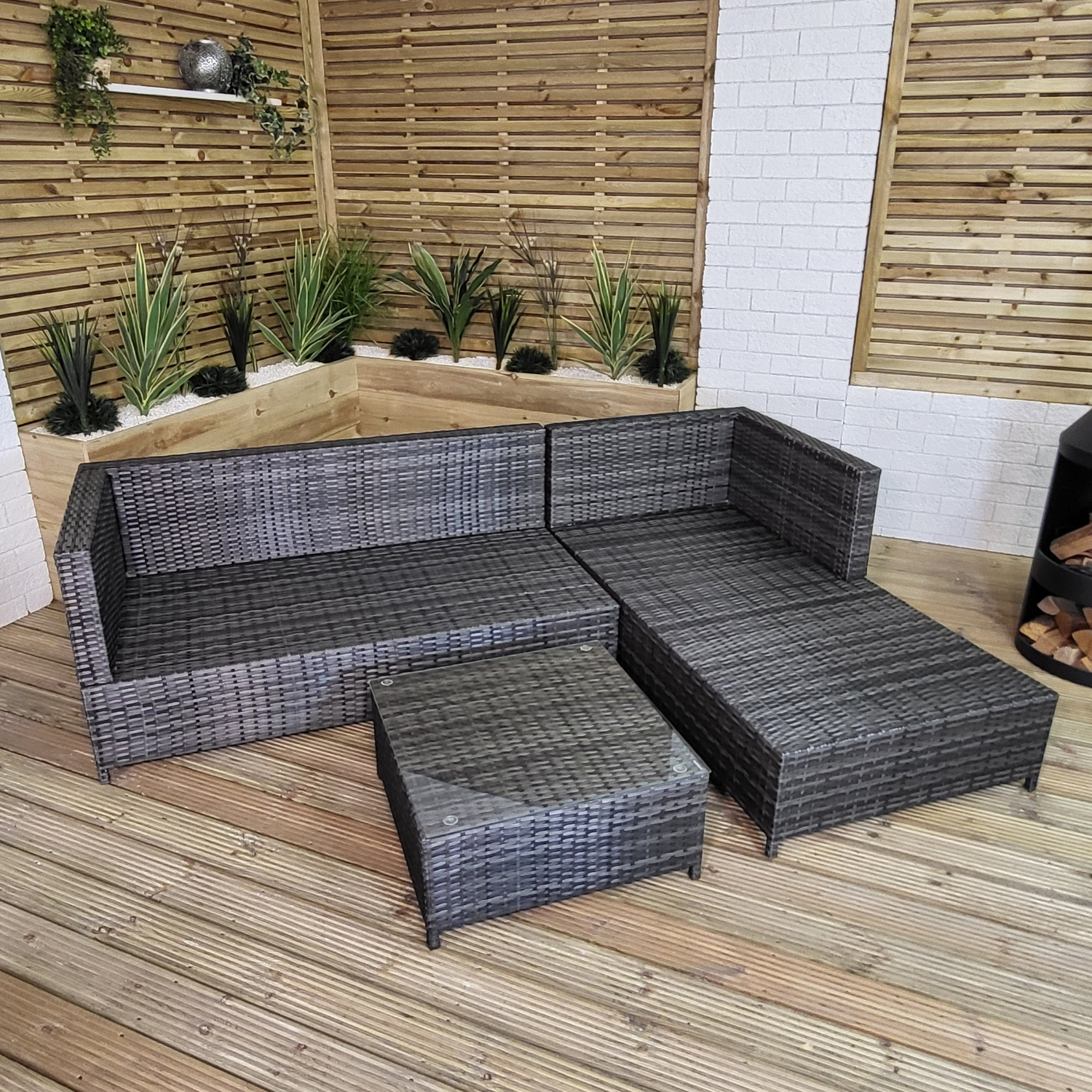 3PC 4 Seater Brown Rattan Chair Garden Sofa Set Daybed With Grey Cushions and Glass Top Coffee Table 