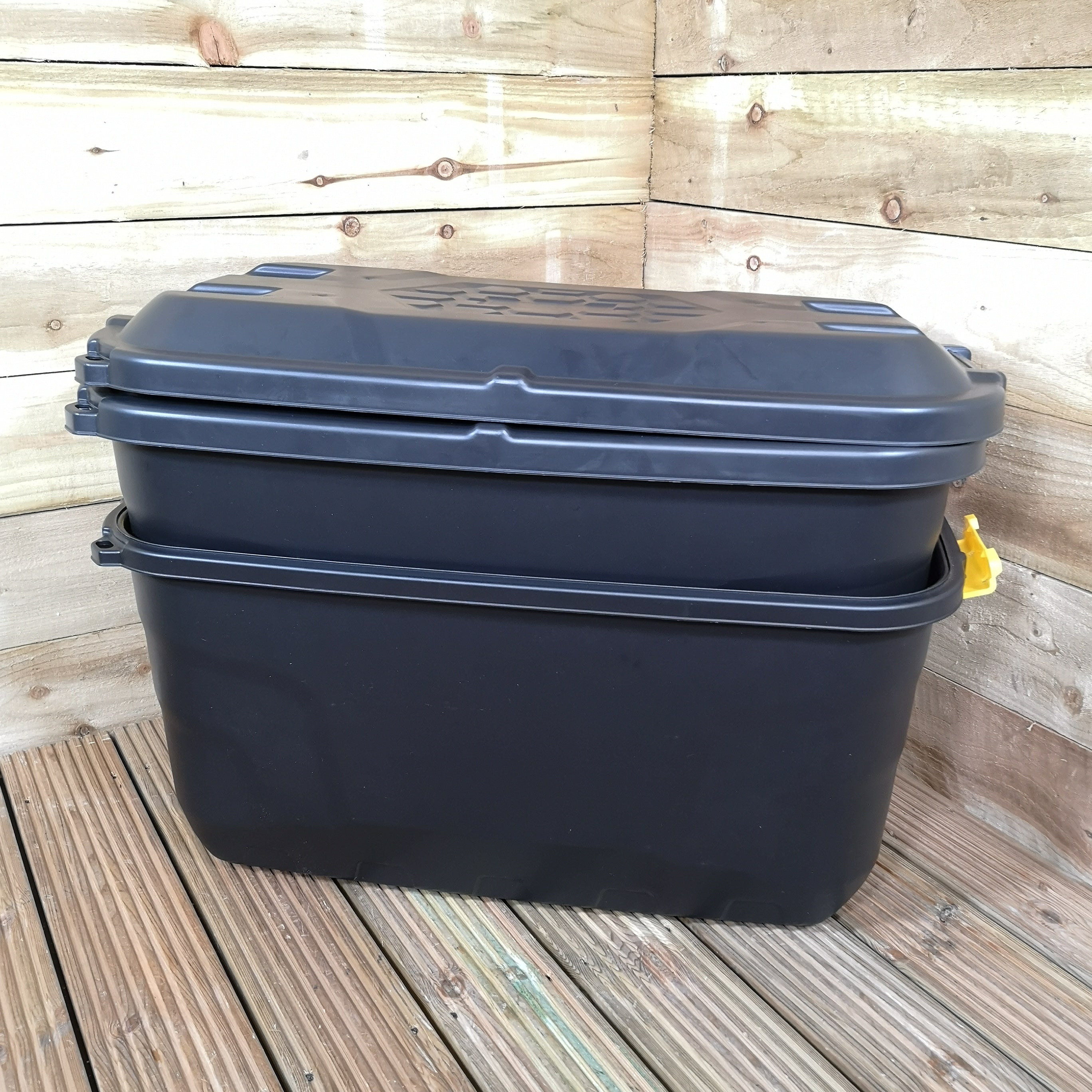 2 x 75L Heavy Duty Trunks on Wheels Sturdy, Lockable, Stackable and Nestable Design Storage Chest with Clips in Black