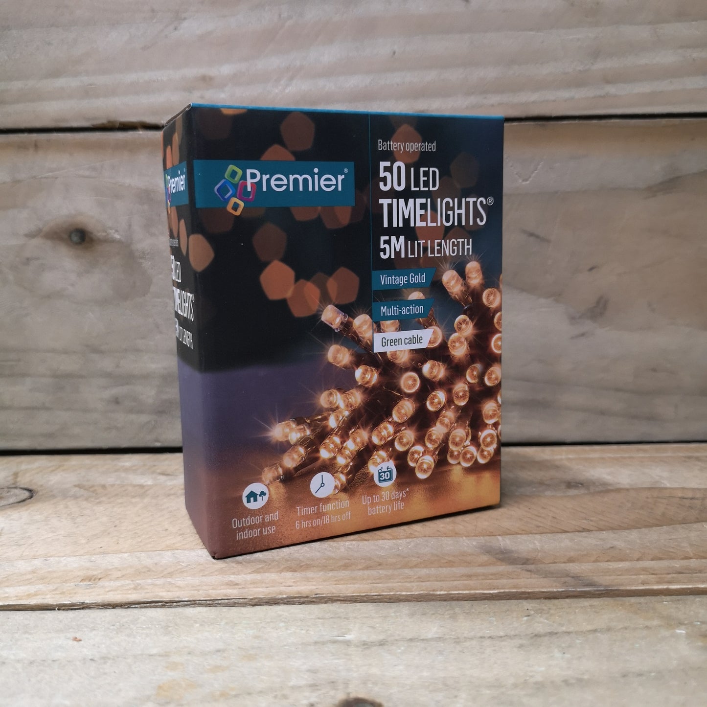 50 LED 5m Premier Christmas Indoor Outdoor Multi Function Battery Operated String Lights with Timer in Vintage Gold