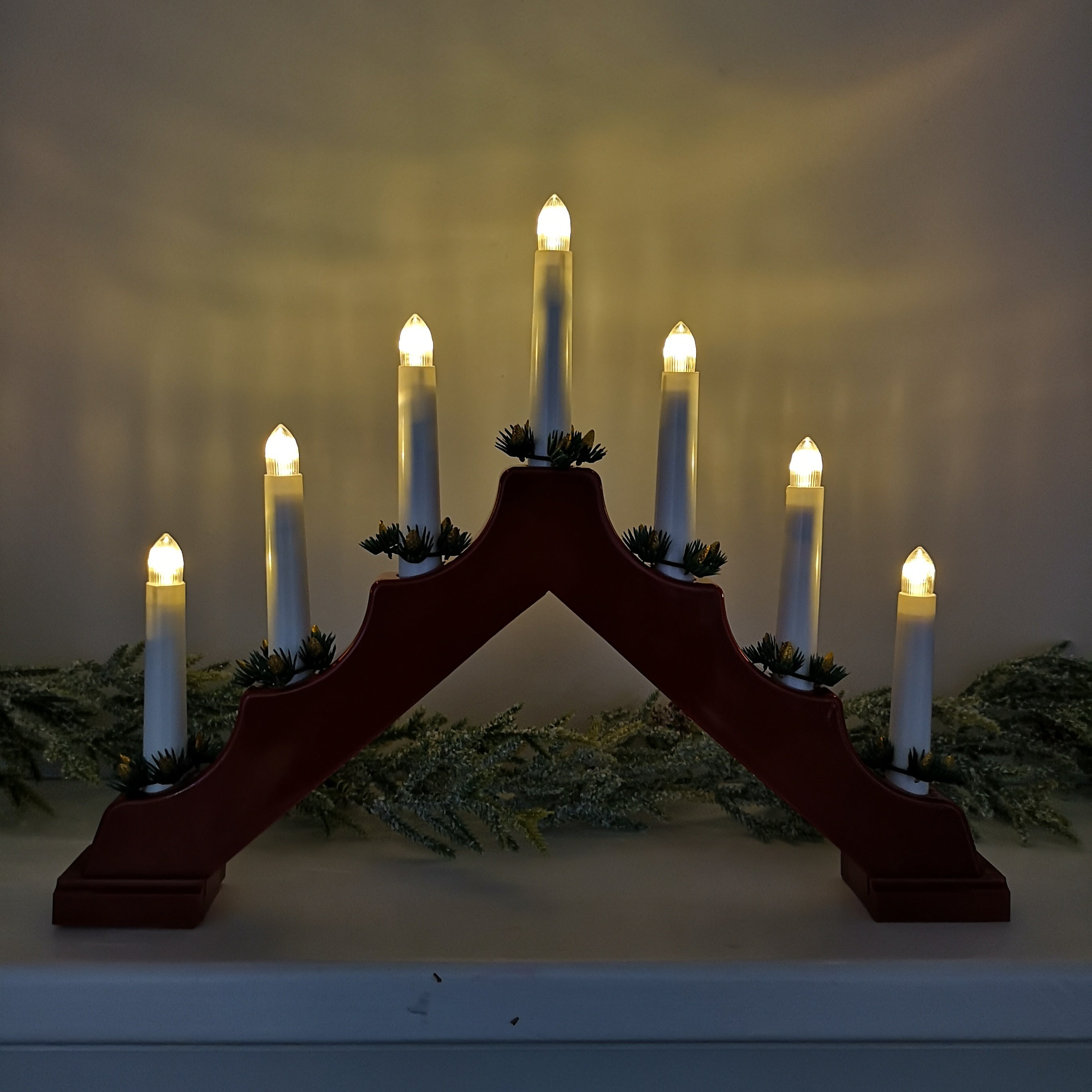 40cm Festive Christmas Candlebridge with 7 Bulbs in Red Battery Operated