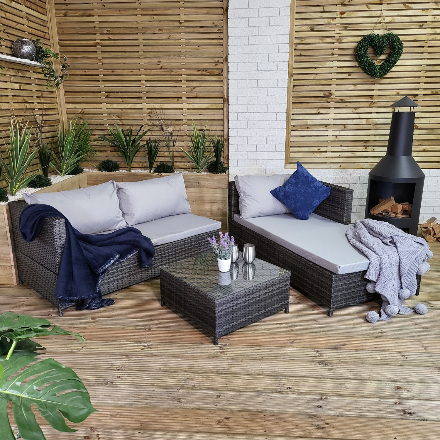3PC 4 Seater Brown Rattan Chair Garden Sofa Set Daybed With Grey Cushions and Glass Top Coffee Table 