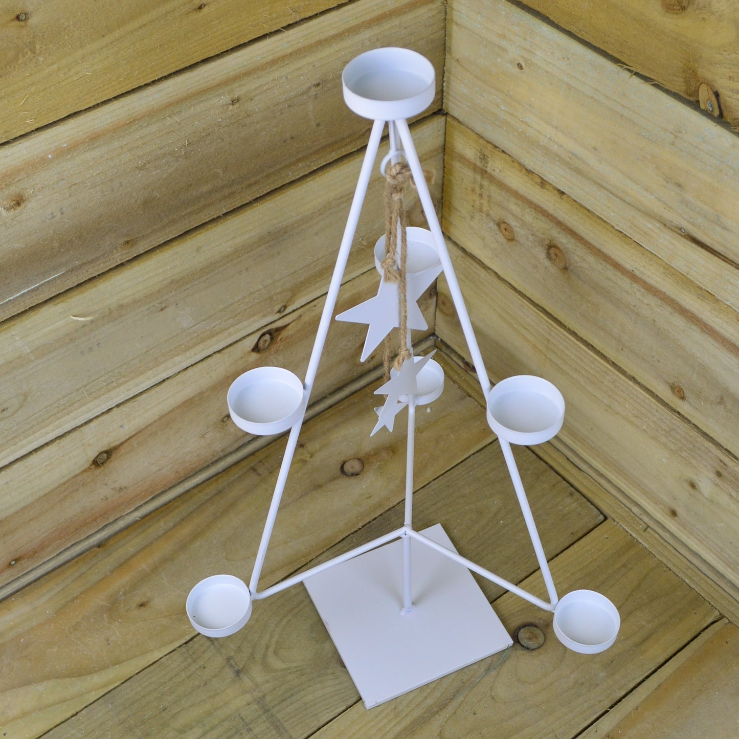 White Christmas Tree 7 Tealight Holder With Dangling White Stars
