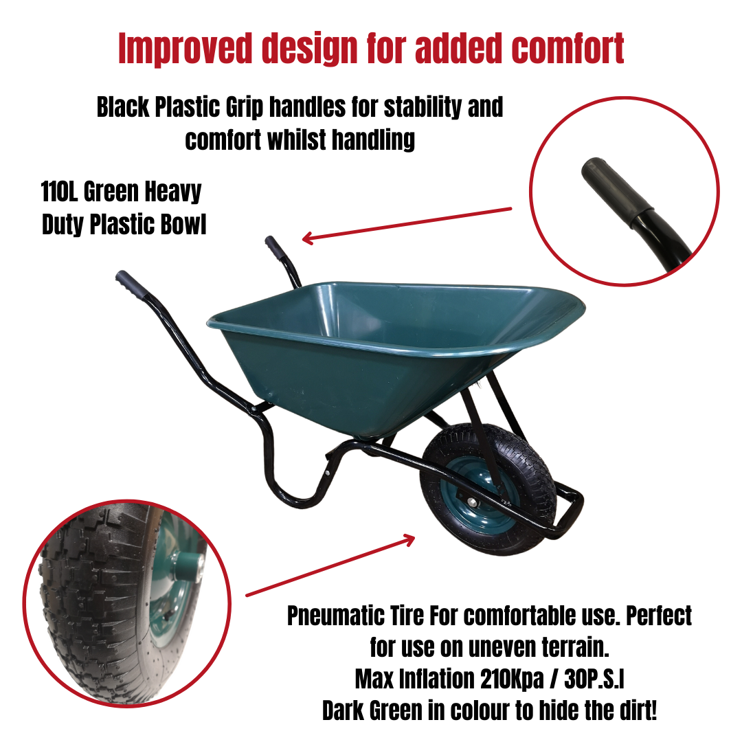 110 Litre 150kg Capacity Heavy Duty Outdoor Pneumatic Plastic Garden Wheelbarrow in Green