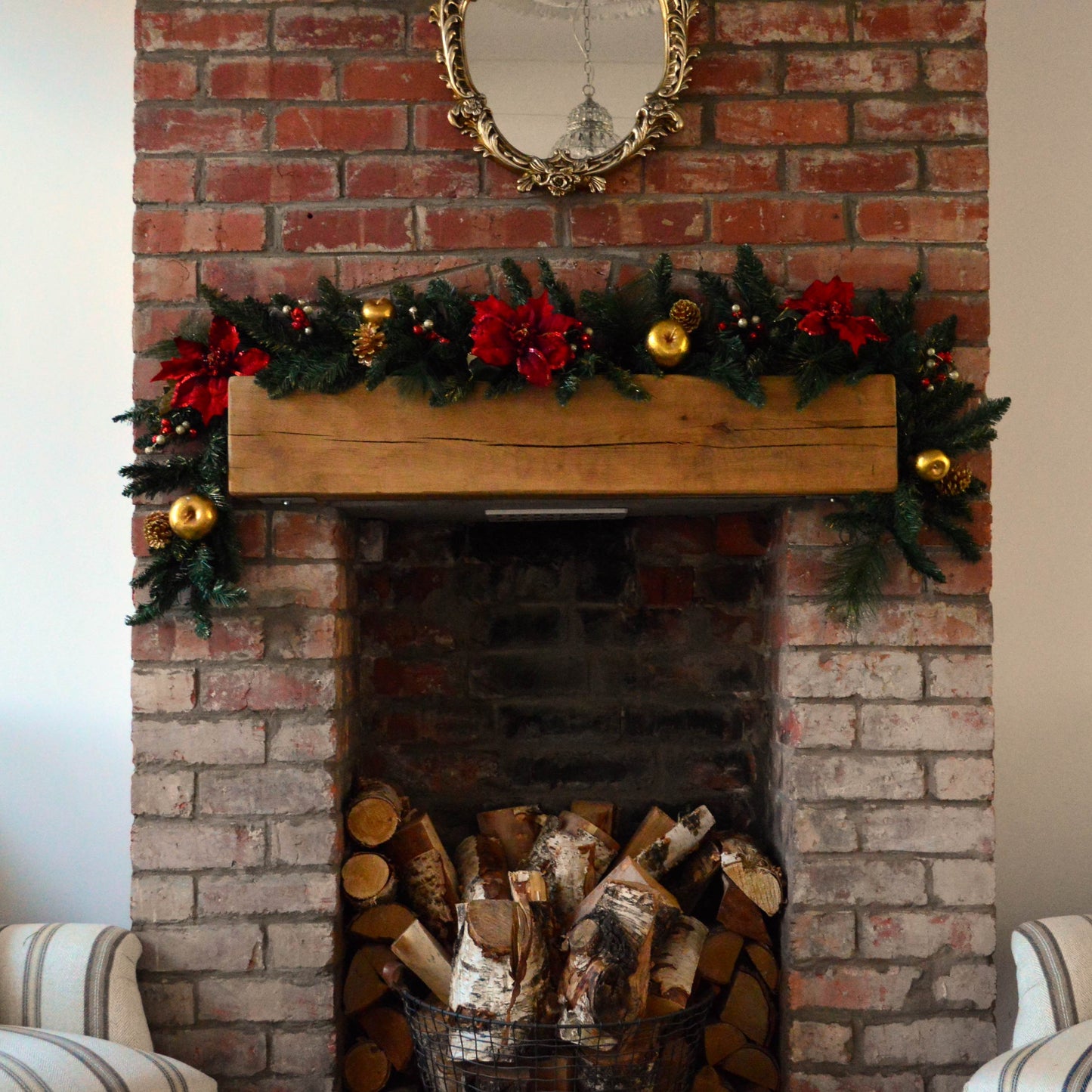 180cm (6ft) Deluxe Red and Gold Poinsettia Christmas Garland Decoration