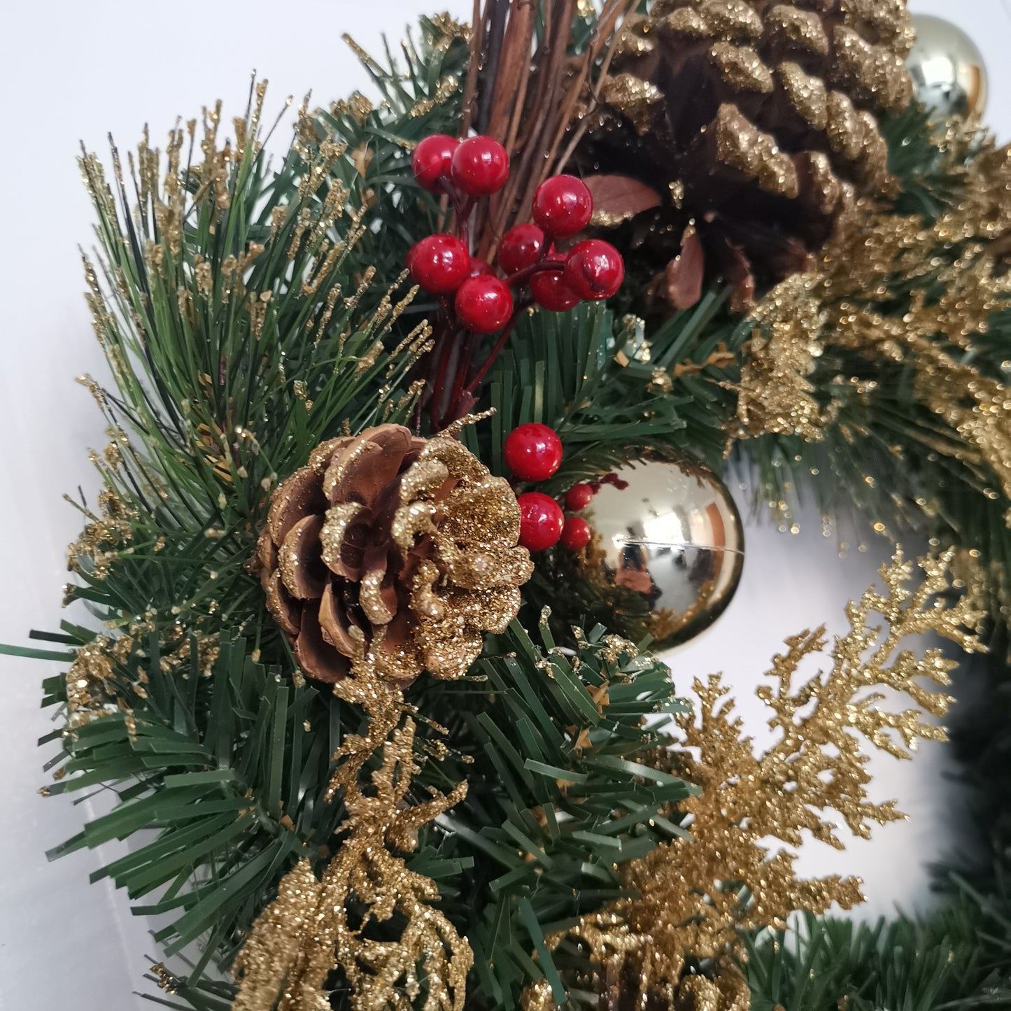 40cm Gold Dressed Christmas Wreath, Baubles, Pinecones and Berries