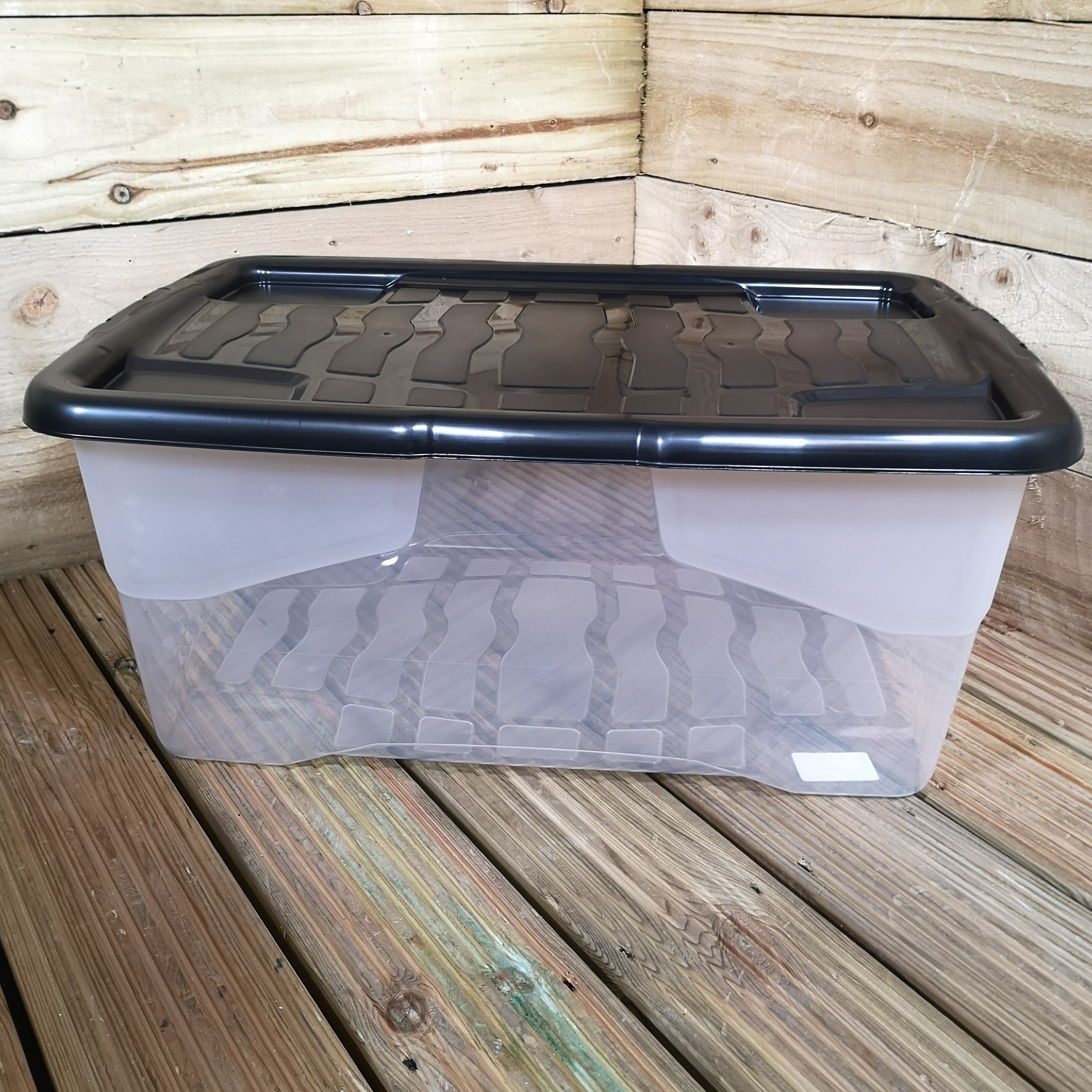 42L Clear Storage Box with Black Lid, Stackable and Nestable Design Storage Solution