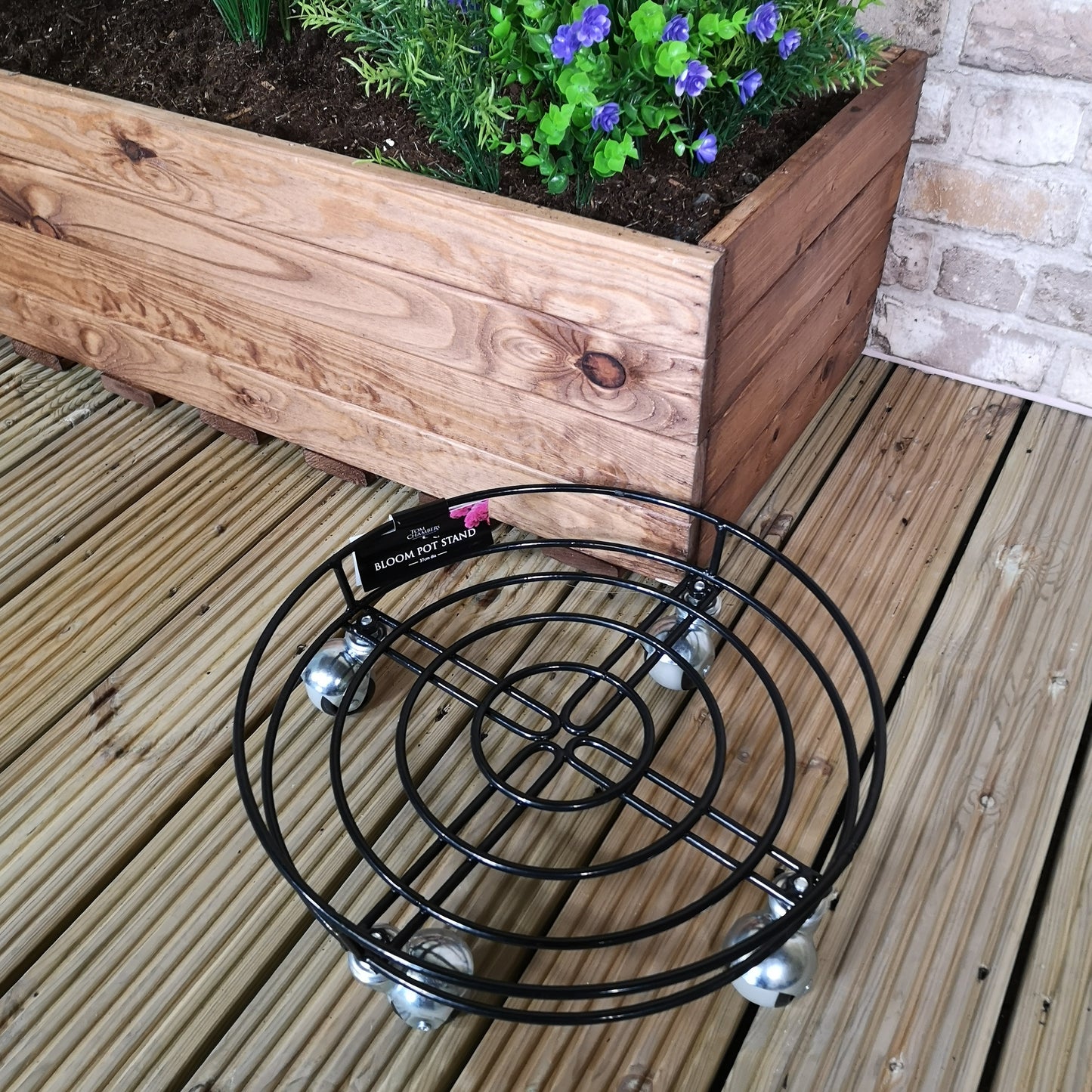 Tom Chambers Handcrafted Heavy Duty Round Black Metal Garden Patio Plant Flower Pot Stand Caddy Trolley Dolly on Strong Metal Castor Wheels 32cm