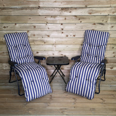 Pack of Two Padded Outdoor Garden Patio Recliners / Sun Loungers with Blue Stripes and Glass Folding Side Drinks Table