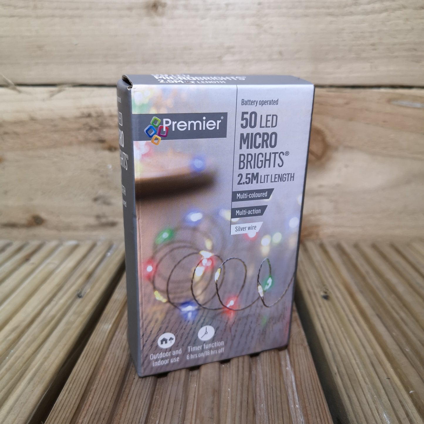 50 LED 2.5m Premier MicroBrights Indoor Outdoor Christmas Multi Function Battery Operated Lights with Timer on Pin Wire in Multicoloured