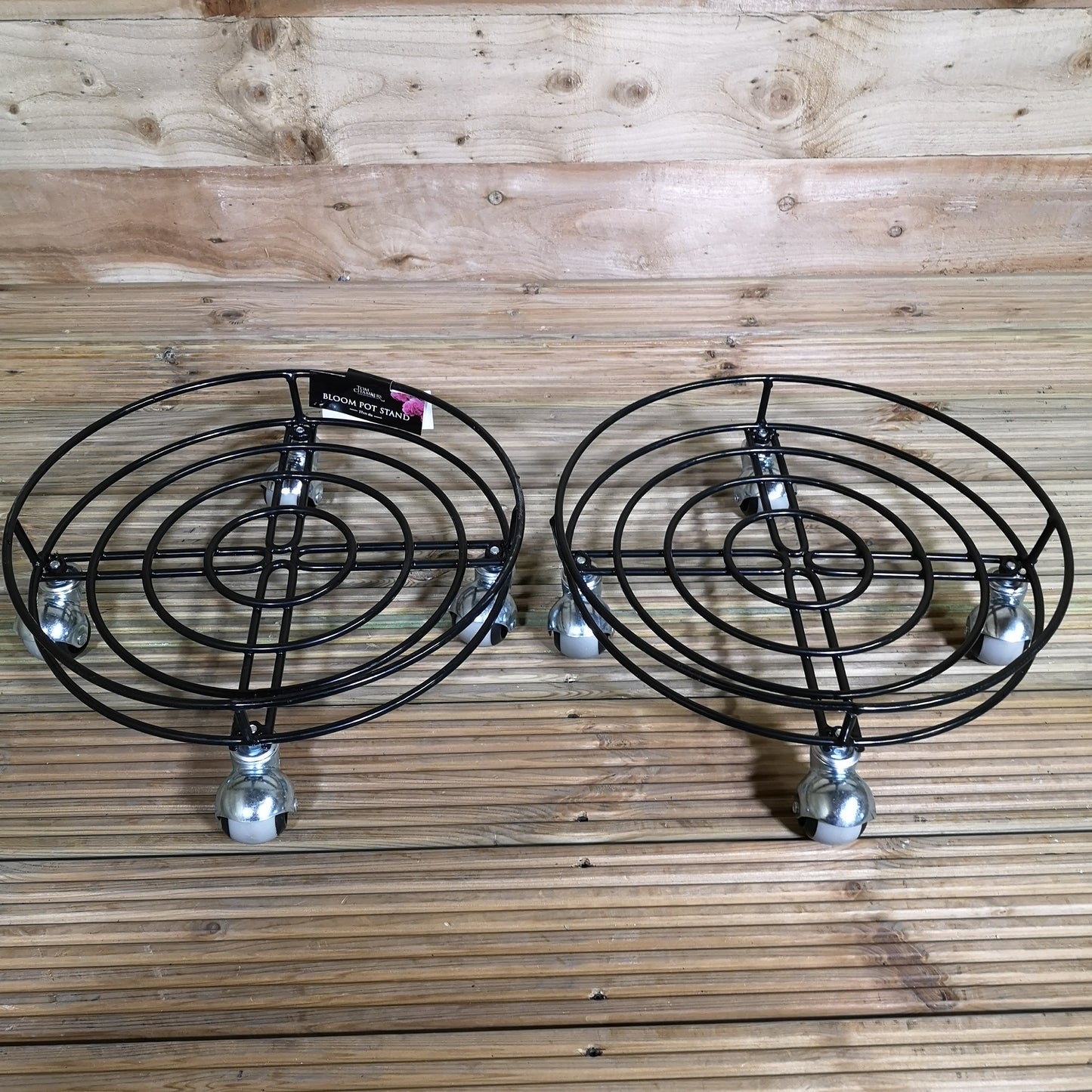 Pack of 2 Tom Chambers Handcrafted Heavy Duty Round Black Metal Garden Patio Plant Flower Pot Stand Caddy Trolley Dolly on Strong Metal Castor Wheels 37cm