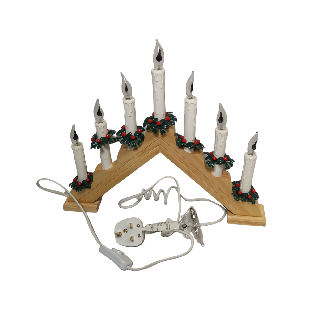 40cm Premier Christmas Candlebridge with 7 Flickering Bulb in Light Wood Finish Mains Operated