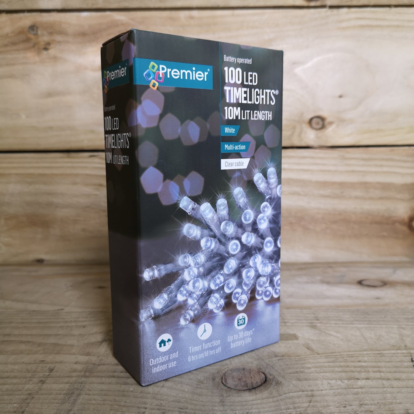 Premier 10m 100 LED 8 Function Battery Timelights Outdoor Clear Wire in White