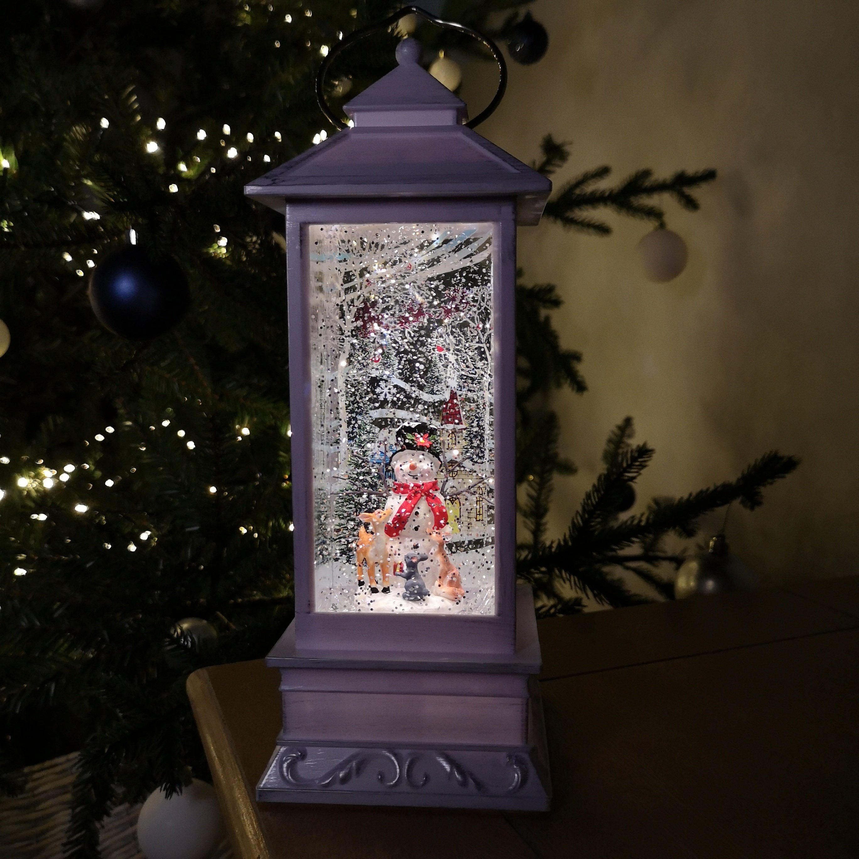 31cm Snowtime Christmas Water Spinner Antique Effect Lantern Snowman & Animals Scene  Dual Powered