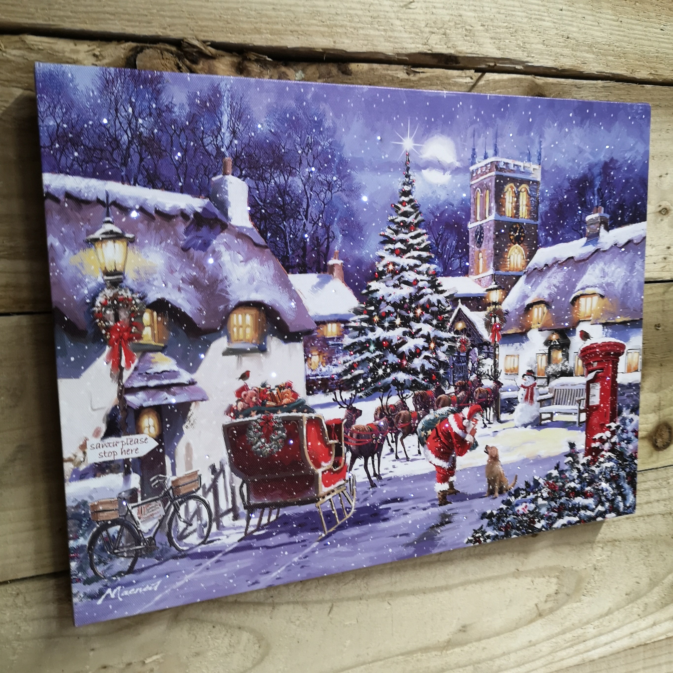 40 x 30cm Snowtime Touch Operated Santa And Village Christmas Fibre Optic Wall Canvas