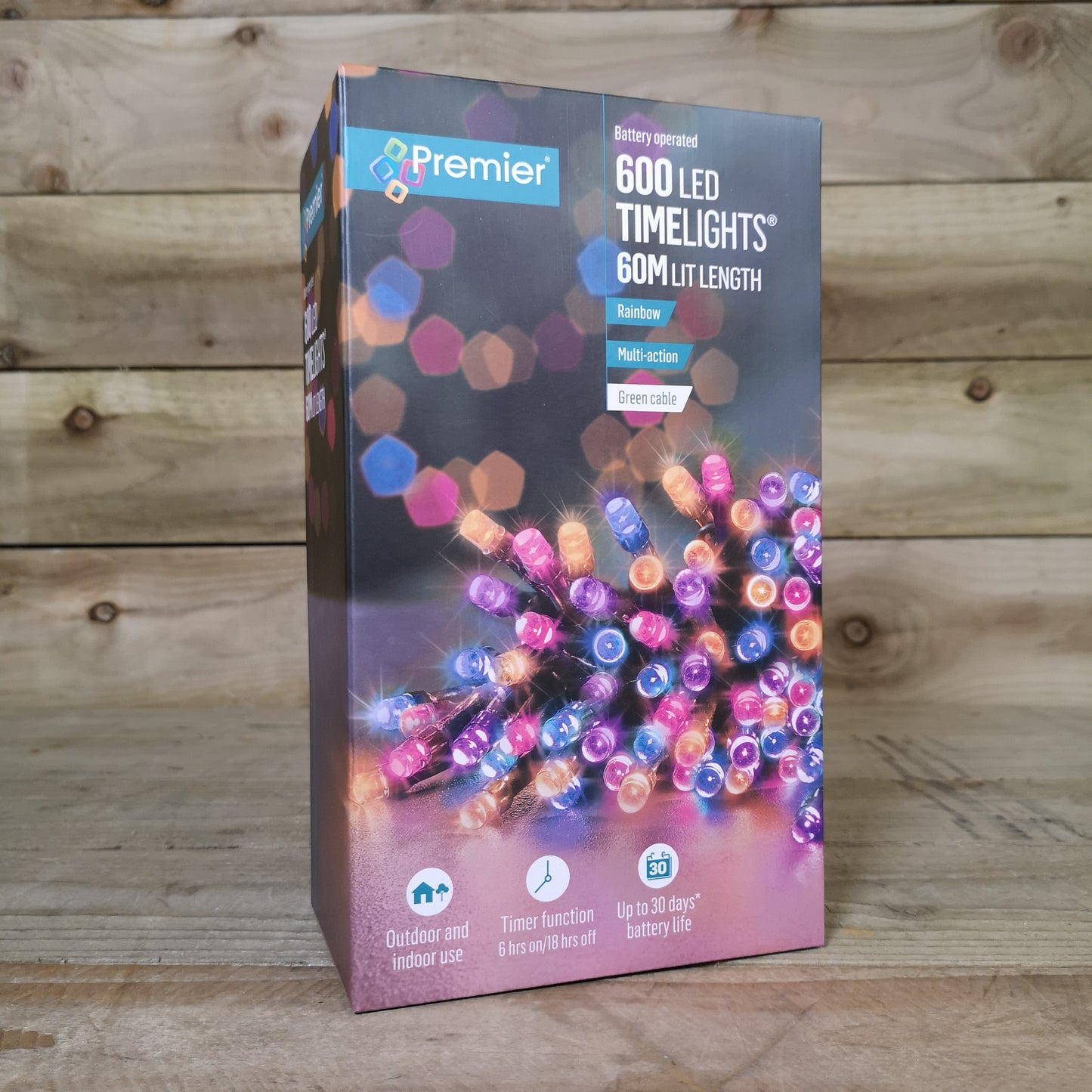 600 LED 60m Premier Christmas Indoor Outdoor Multi Function Battery Operated String Lights with Timer in Rainbow